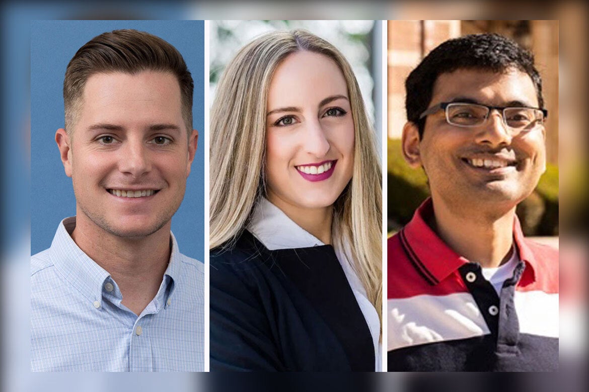 Portraits of three smiling individuals