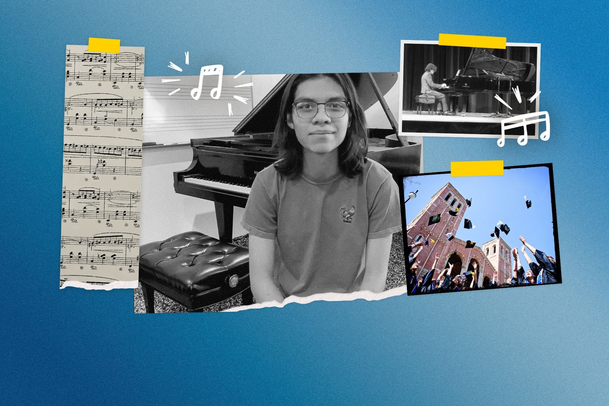 Collage: sheet music, young man at piano, young man playing piano onstage, graduates tossing caps